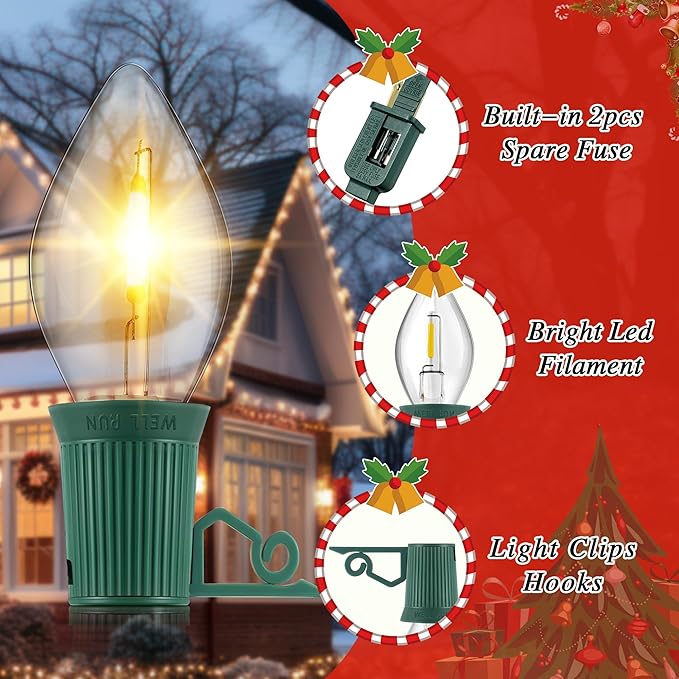 50 FT C9 LED Christmas Lights Outdoor With Clips, Large Bulb String Lights, Warm White Roofline Lights for House and Garden Xmas Decoration