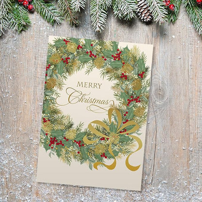 Masterpiece Traditional Wreath Christmas Cards / 15 Festive Holiday Cards Set With White Envelopes / 5 5/8" x 7 7/8" Winter Greeting Cards With Inside Verse