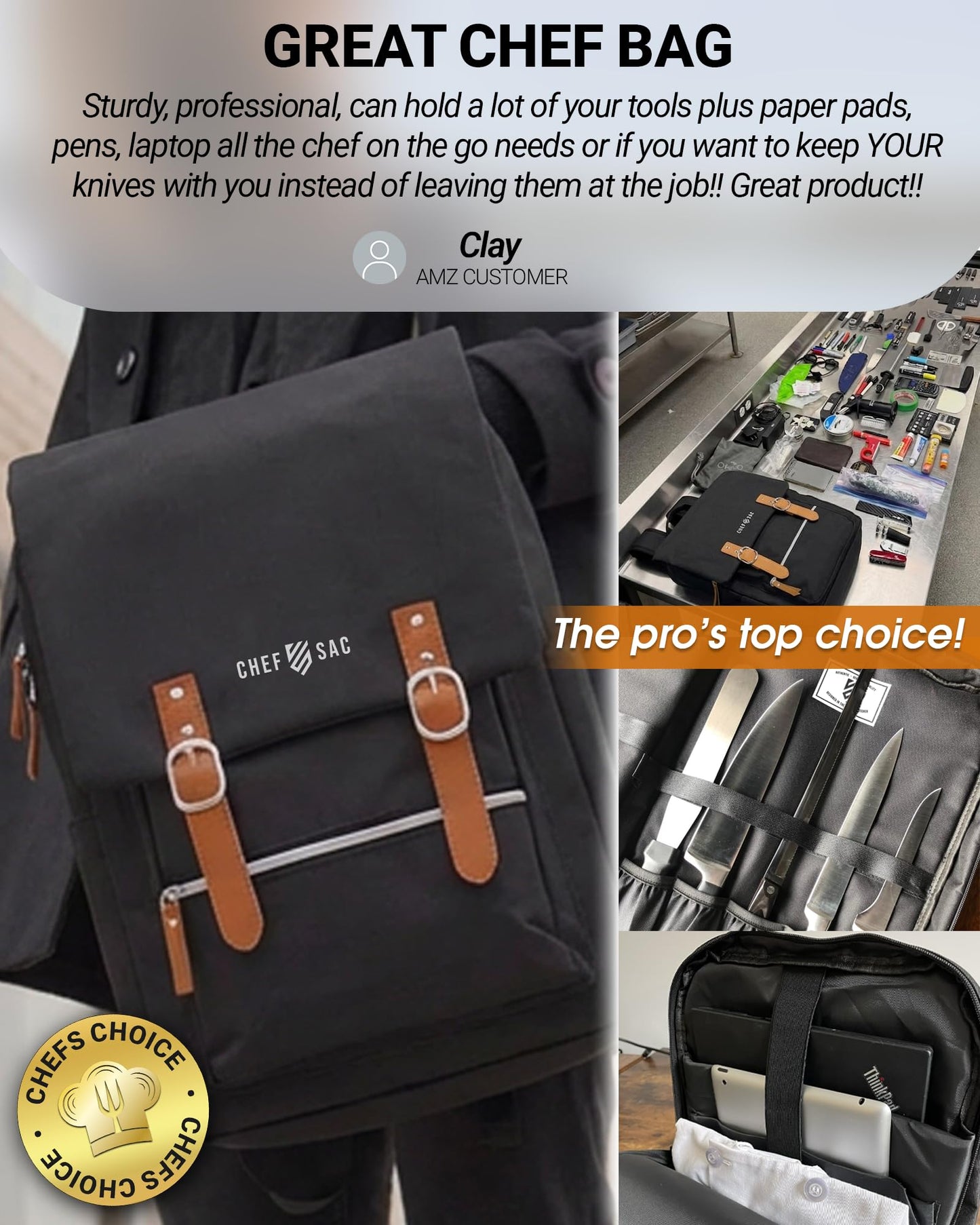 Chef Knife Bag Vintage Backpack VINTAGE, Professional Knife Carrying Case for Chefs & Culinary Students, 30+ Pockets, Holds 10" Knives, Water-Resistant 600D Material (Black)