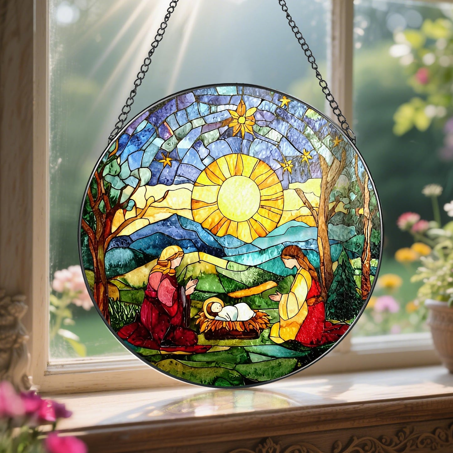 LAOWEIKI 8'' Stained Glass Suncatcher Decor, Window Hanging, Nativity Scene Ornament, Religious Christmas Ornaments, Christian Holiday Decor, Gifts for Christmas, Christian Gift, Religious Gift