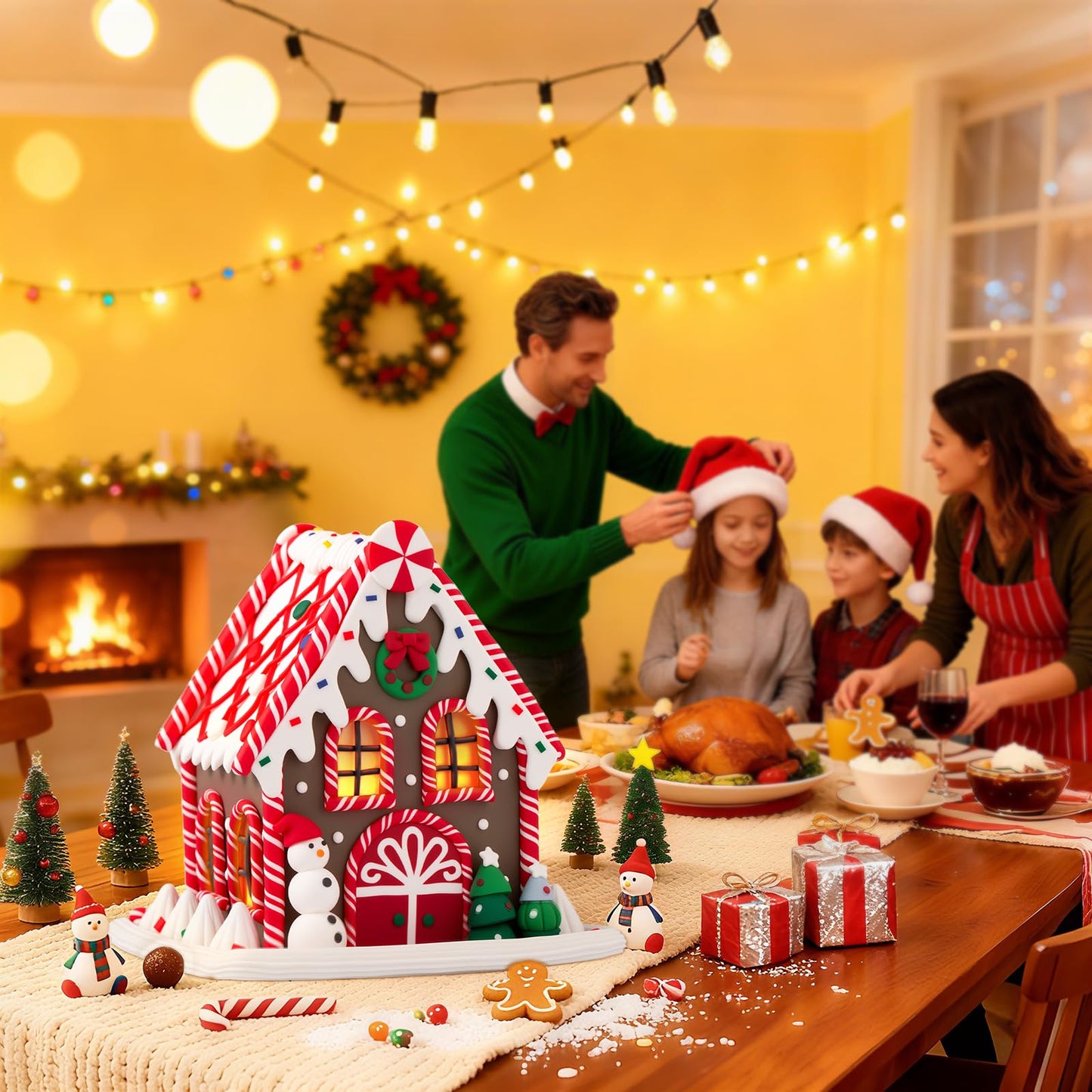 BeeChip Gingerbread House Ornament & Night Light, 6.3" Snow Cottage, White