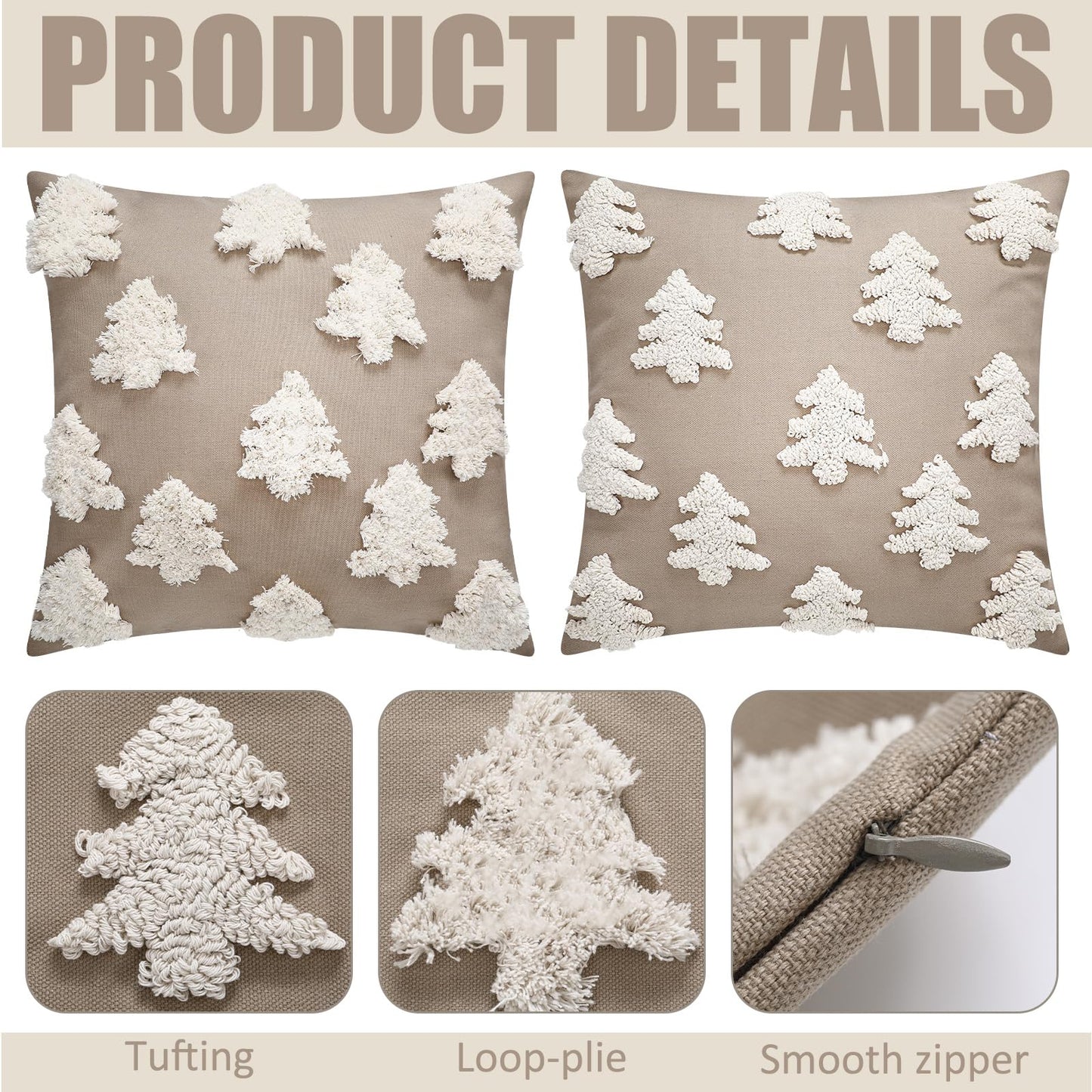 Mixweer 2 Pcs Christmas Pillow Covers 18x18 Inch Neutral Christmas Tree Embroidery Throw Pillow Covers Decorative Throw Cushion Case for Xmas Winter Holiday Decoration (Beige)