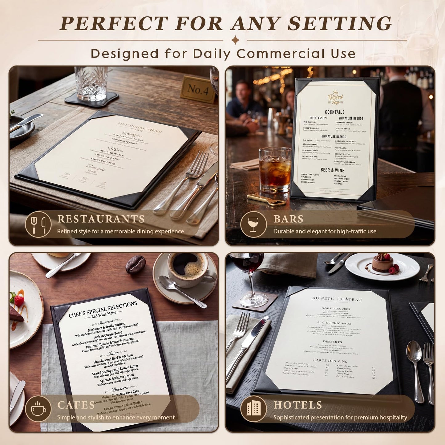 Ferrochef 10 Pack PU Leather Menu Covers, Single View Menu Holder for 8.5 x 11 Inch, Durable & Waterproof, Restaurant, Cafe, Bar Use, Professional Presentation, Black