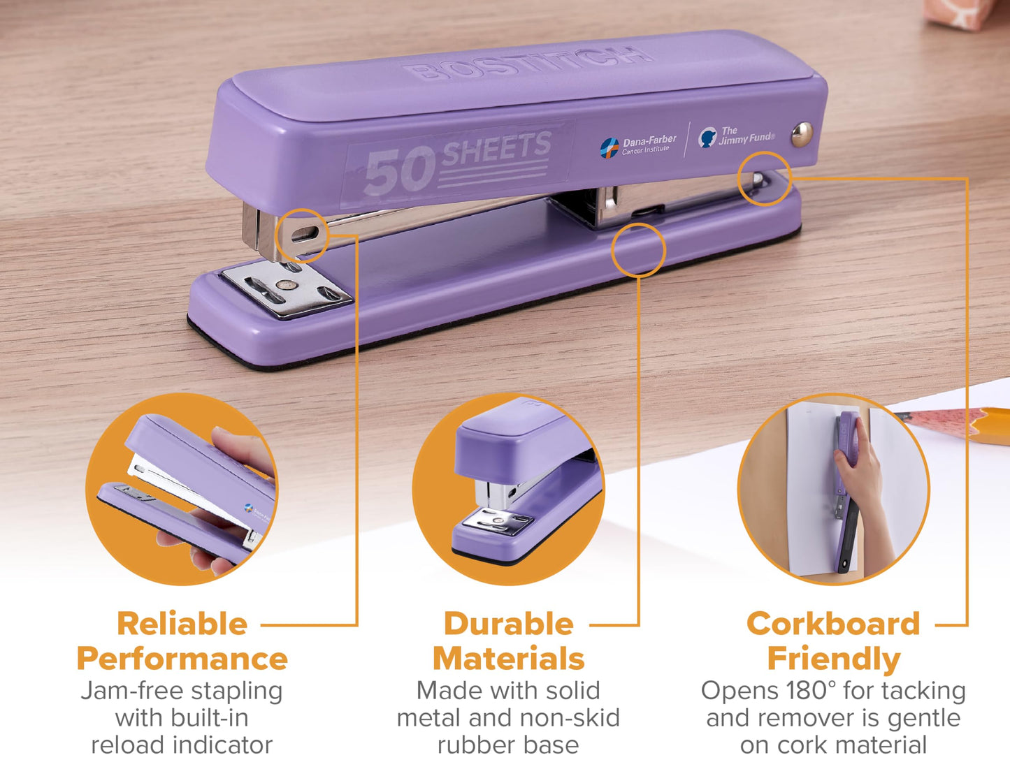 Bostitch Titan Heavy Duty Metal Stapler, 50 Sheet Capacity with 1250 Staples and Ergonomic Staple Remover, Jam Free Stapling, Full Strip Stapler for Desk, Office and Classroom, Purple