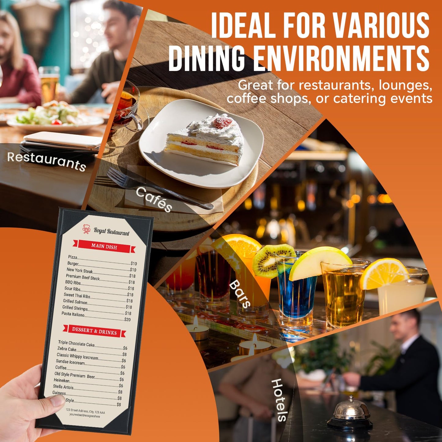 MYFULLY Restaurant Menu Holders 4.25" x 11", 12 Pack Black PU Leather Single Panel Menu Covers with Angled Corners for Restaurant, Bar, Coffee Shop, Wine List (1 View)