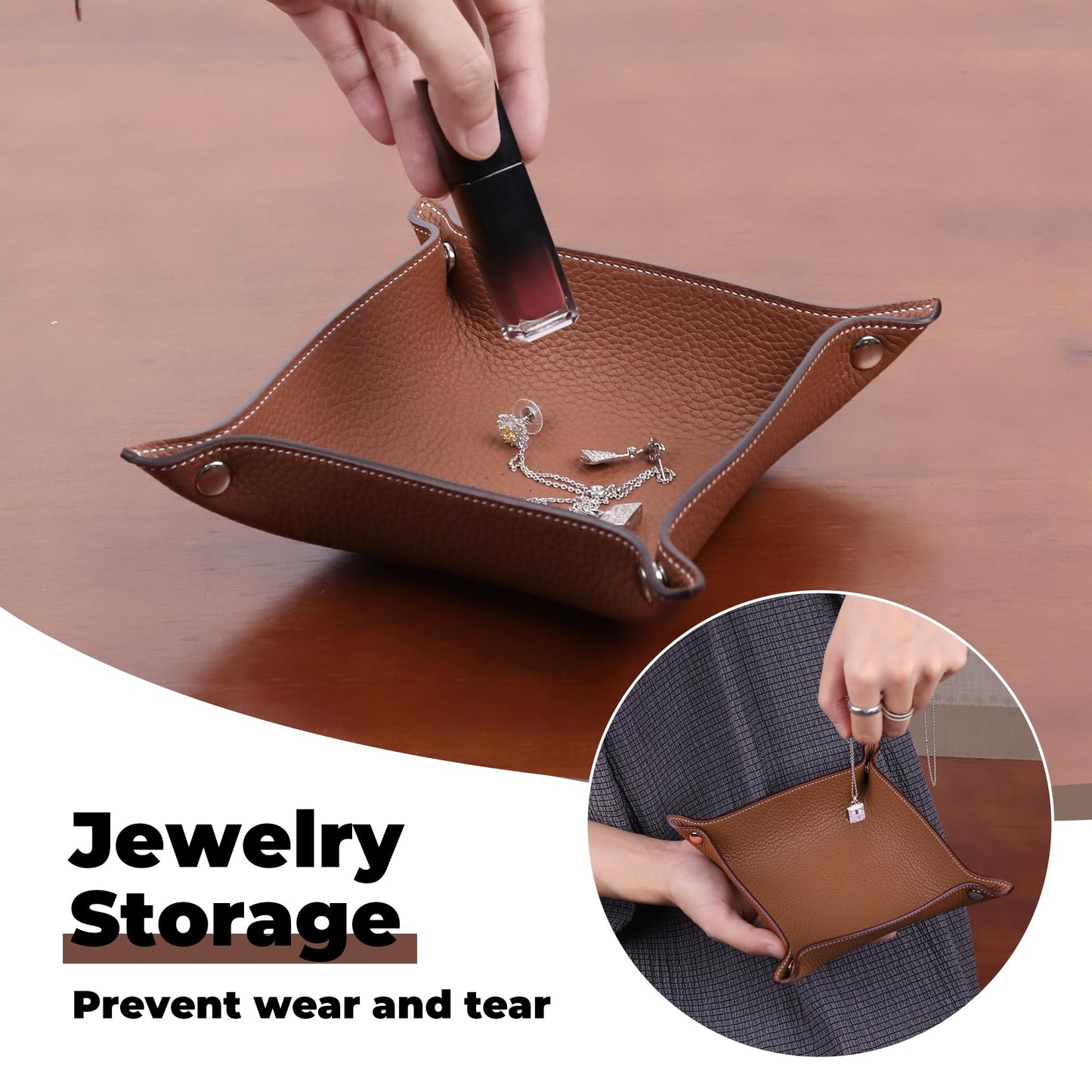 XYJG Valet Tray Desktop Storage Organizer - Genuine Cowhide Leather Bedside Vanity Tray - Catchall Nightstand Caddy Holder for Phone, Wallet, Coin, Jewelry (Gold)