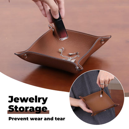 XYJG Valet Tray Desktop Storage Organizer - Genuine Cowhide Leather Bedside Vanity Tray - Catchall Nightstand Caddy Holder for Phone, Wallet, Coin, Jewelry (Gold)