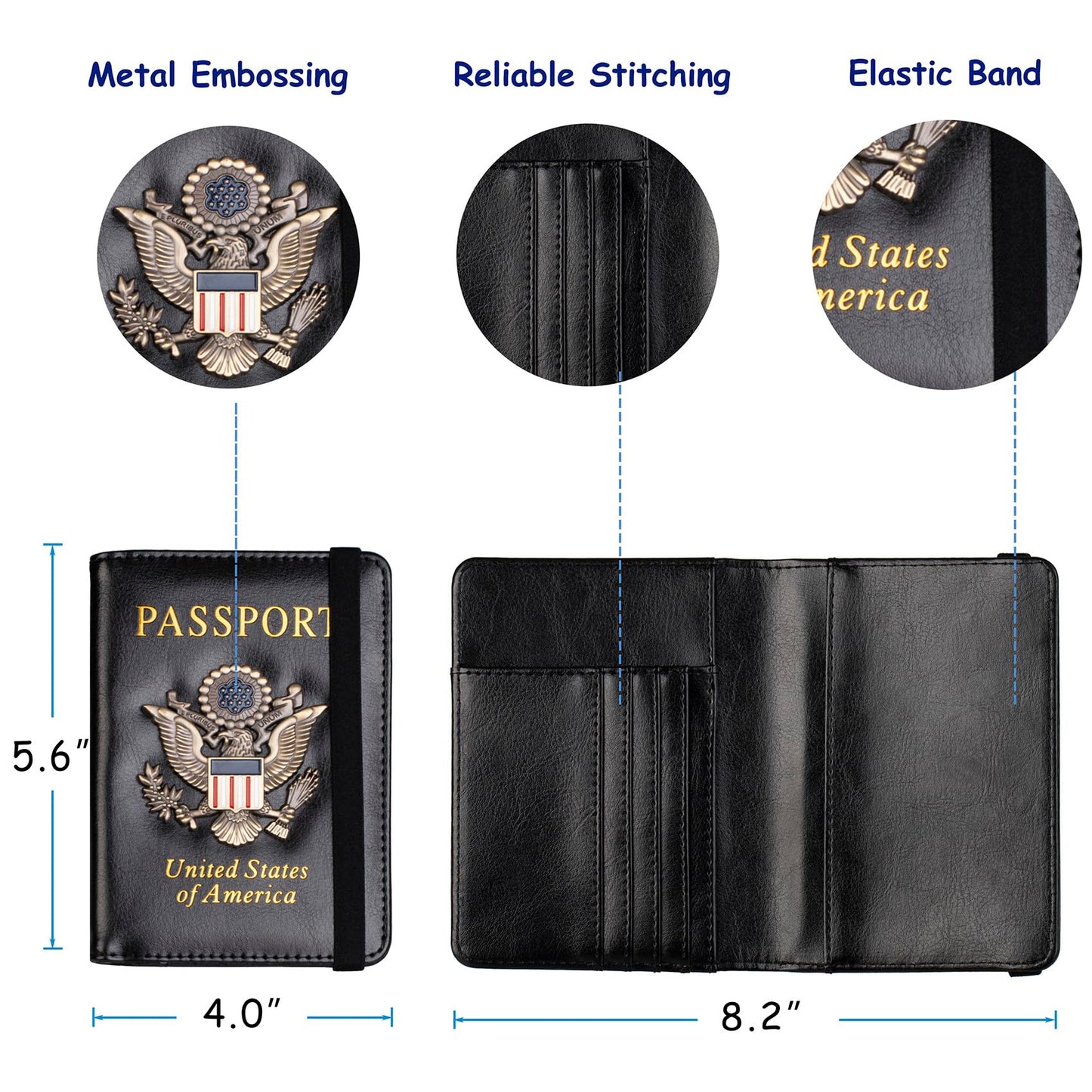 TOURSUIT RFID Blocking Passport Holder for Women Men, Leather Passport Travel Wallet with 3D Metal Badge, Travel Document Holder Cover Accessories (Black)