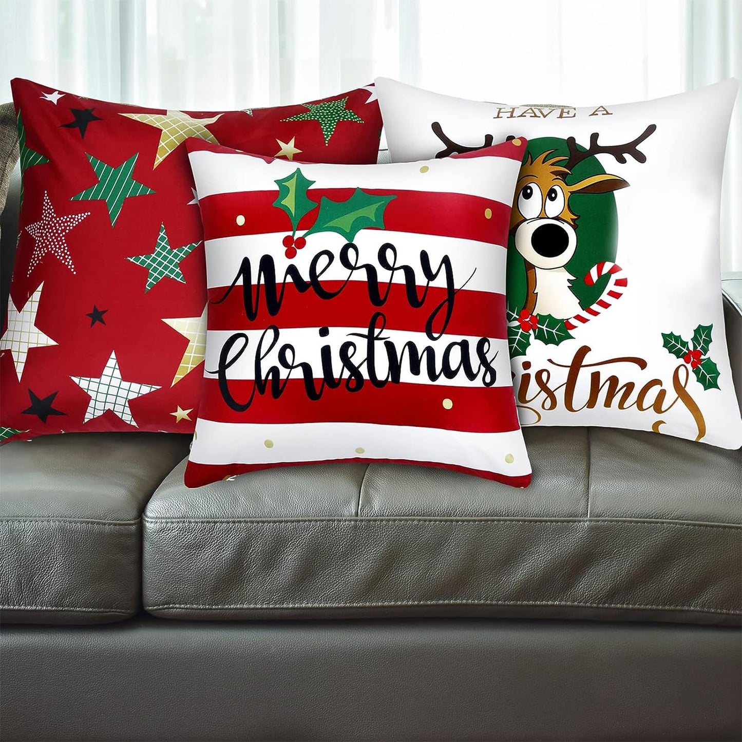 Boao 6 Pcs 18 x 18 Inch Christmas Pillow Cover Merry Christmas Red Throw Cushion Covers Xmas Tree Reindeer Star Pillow Case for Holiday Party Home Living Room Couch Outdoor Front Porch Decoration