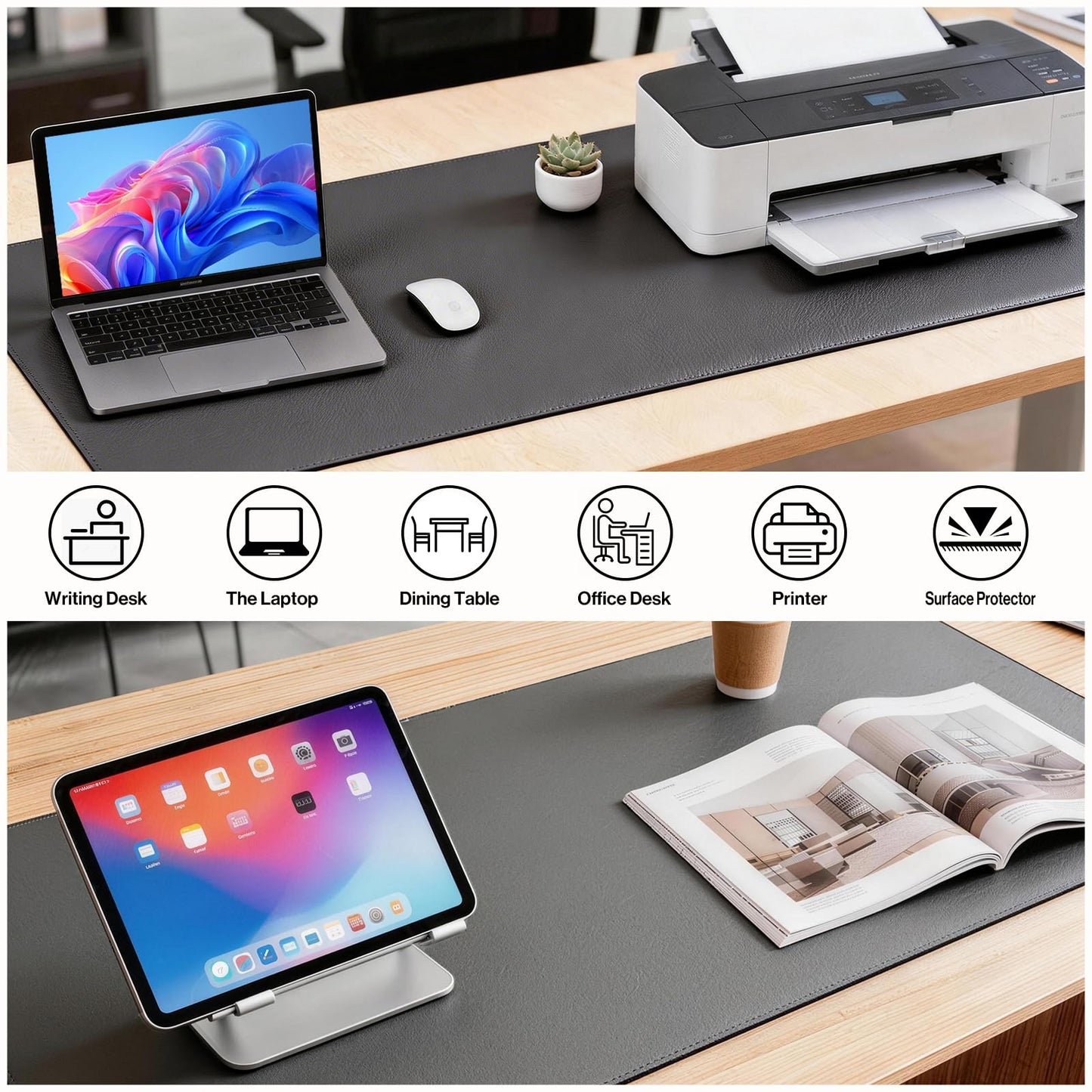 POCHAR Vegan Leather Desk Mat 31" x 16" - Office Desk Pad Protector for Desktop - Non-Slip PU Leather Dual-Sided Desk Blotter for Laptop Mouse Keyboard - Waterproof Writing Signing Pad, Gray