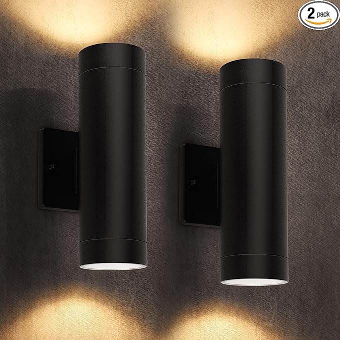 LUTEC Outdoor Wall Light Fixtures, Integrated LED Cylinder Up-Down Sconce, 16W 3000K Waterproof Aluminum Exterior Lighting, Modern Matte Black Wall Sconce Outdoor Lighting for Porch, Entryway, 2 Pack