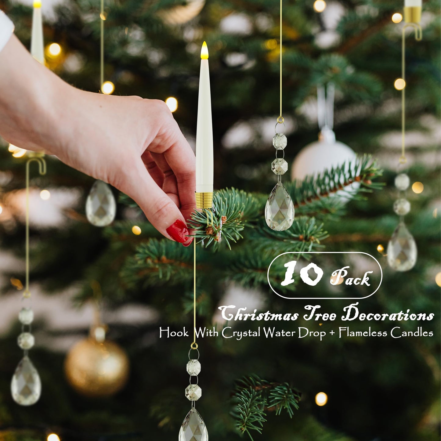 JOIONE Flameless Christmas Tree Candles with Remote, 10 Pack Battery Operated LED Candles with Suction Cup for Christmas Tree, Flickering Flame for Xmas Indoor Decor - Water Drop