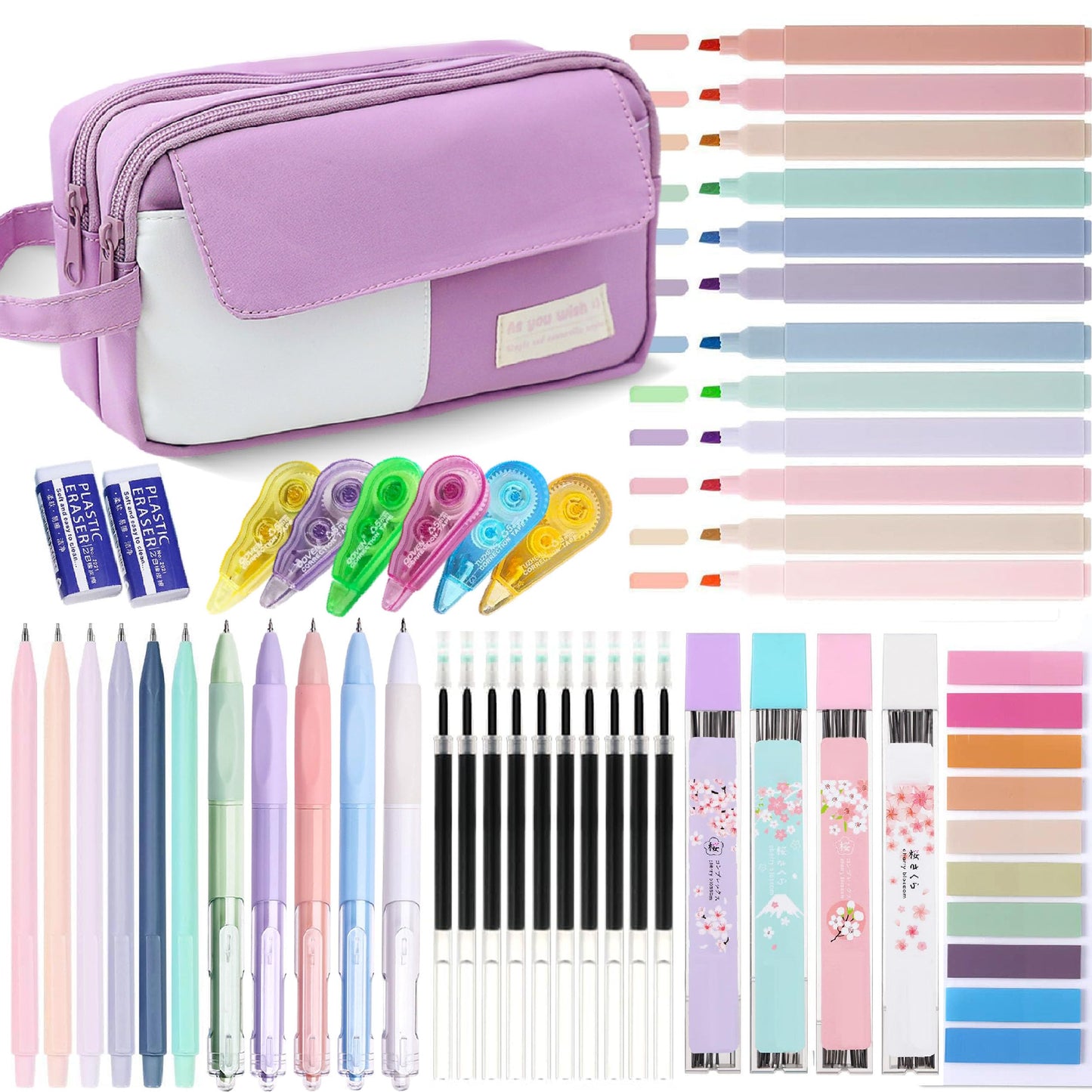 42 Pcs Big Capacity Pencil Pouch with Aesthetic School Supplies, 12 Pastel Highlighters, 5 Black Ink Gel Pens, 6 Mechanical Pencils Set 0.5 & 0.7mm, Sticky Notes, Stationary Set for Student(Purple)