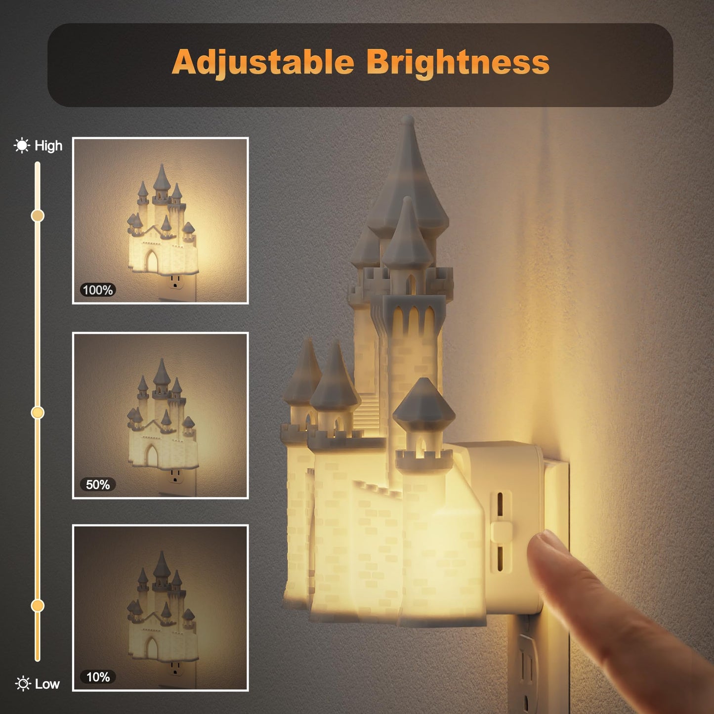 JandCase Night Lights Plug into Wall,2 Pack 3D Printed Castle Night Light,3000K Plug in Nightlight with Dusk to Dawn Sensor,0-100LM Adjustable Brightness for Rooms Bathroom Hallway