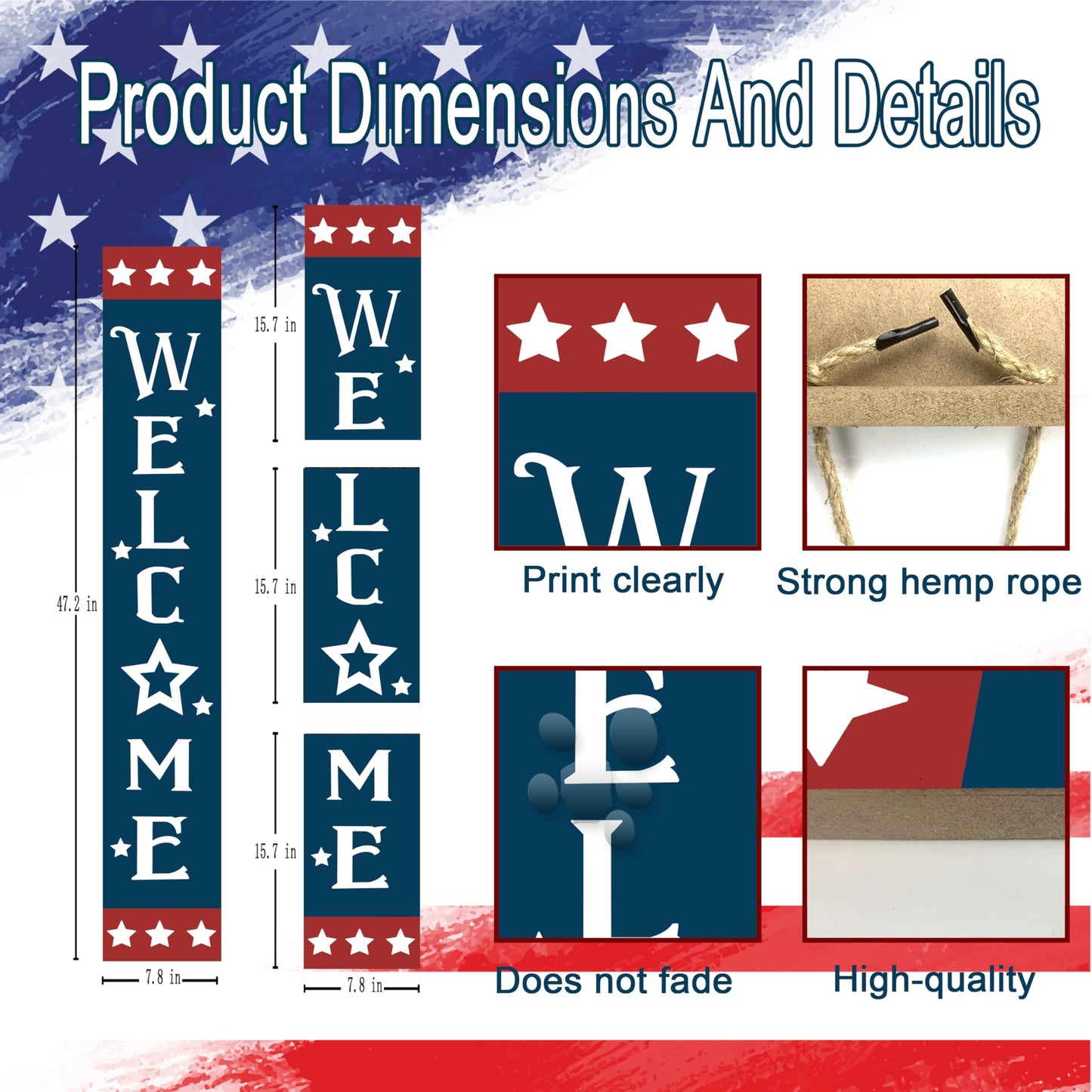 Patriotic Wooden Porch Sign 47" 4th of July Independence Day Large Welcome Sign Memorial Day Vertical Indoor Outdoor Standing Sign For Garden Home Yard Farmhouse