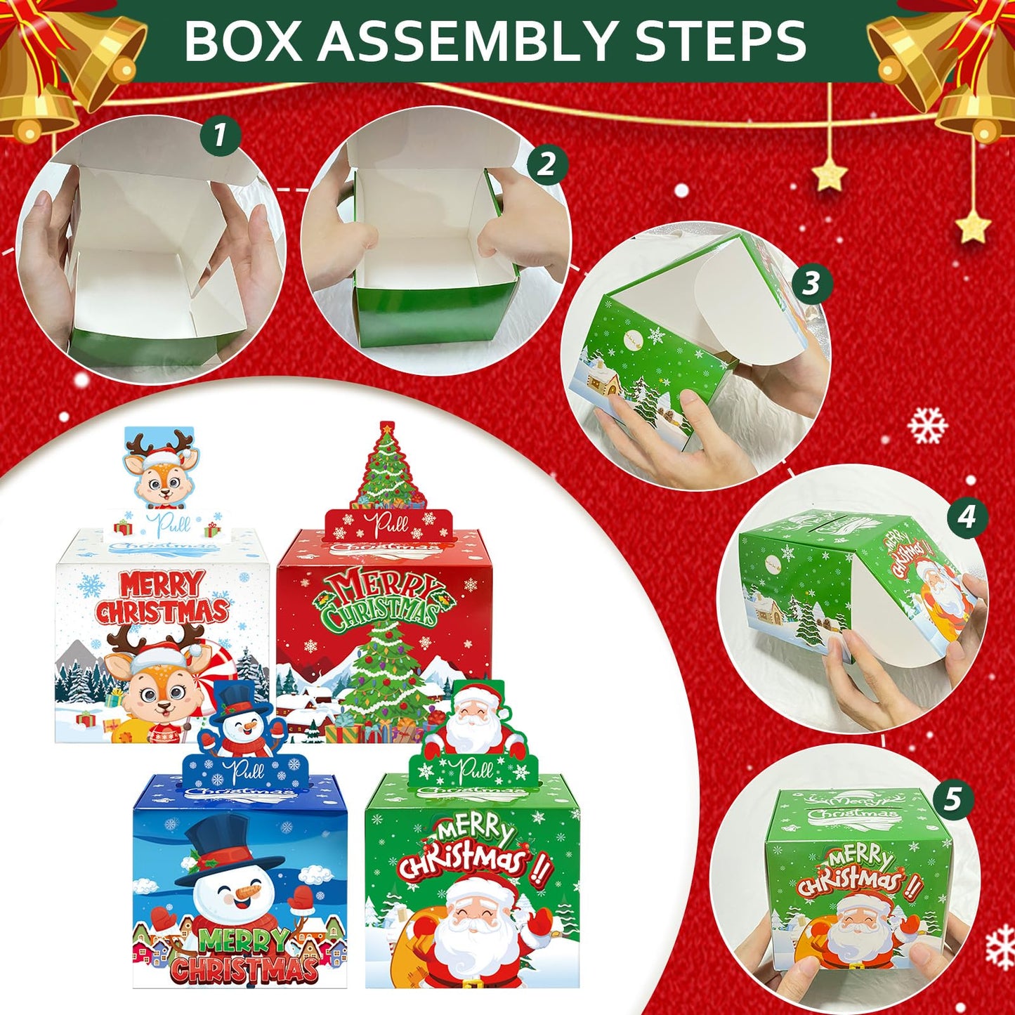 4 Pack Christmas Money Box for Cash Gift Pull,Christmas Tree & Snowman & Santa & Elk Money Gift Boxes for Cash with Pull Out Card DIY Set Surprise Merry Box (Cute Christmas)