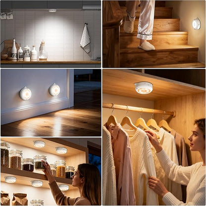 YiaMia Motion Sensor Under Cabinet Lights - 6 Pack, Indoor Smart Sensor Night Light, 3 × AA Battery Operated Wireless Stair Light, Dimmable Puck Lights Suitable for Kitchens, Wardrobes, Hallway