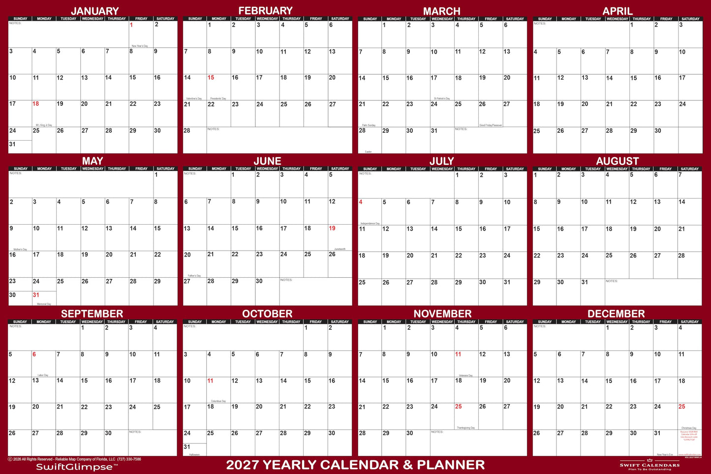 32" x 48" SwiftGlimpse 2027 Wall Calendar Erasable Large Wet & Dry Erase Laminated 12 Month Annual Yearly Wall Planner, Reversible, Horizontal/Vertical, Burgundy