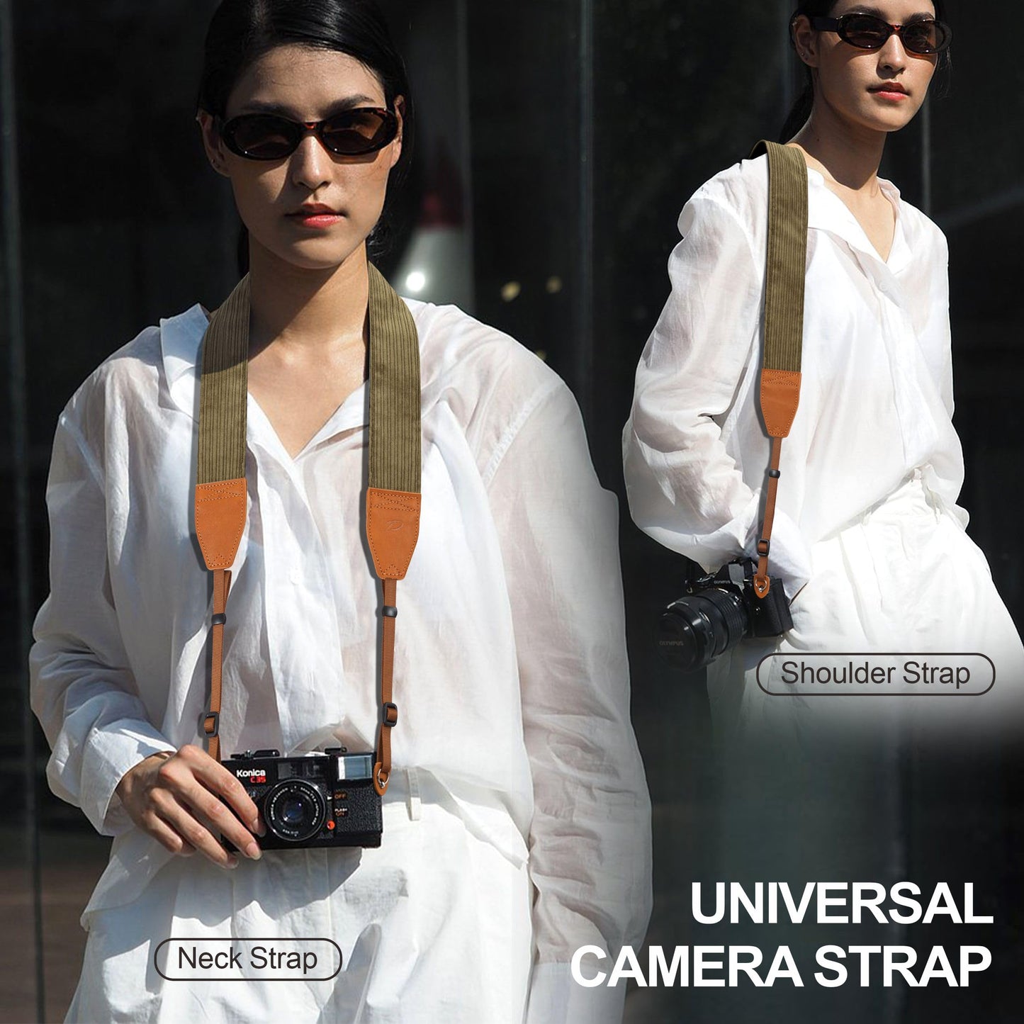 Padwa Lifestyle Olive Green Corduroy Camera Strap - 2" Double Layer Full Grain Cowhide Leather Head Camera Straps for Photographers, Unique Soft Corduroy Fabric with Quick Release fits all Cameras