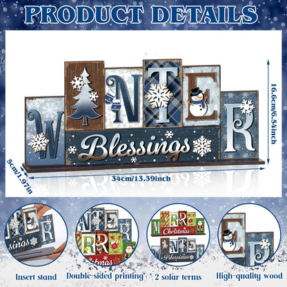 Amyhill Winter Table Decoration Merry Winter Tiered Tray Decor Reversible Centerpiece Decorative Snowman Snowflake Santa Claus Gingerbread Block Signs Farmhouse Christmas Decoration for Kitchen Shelf