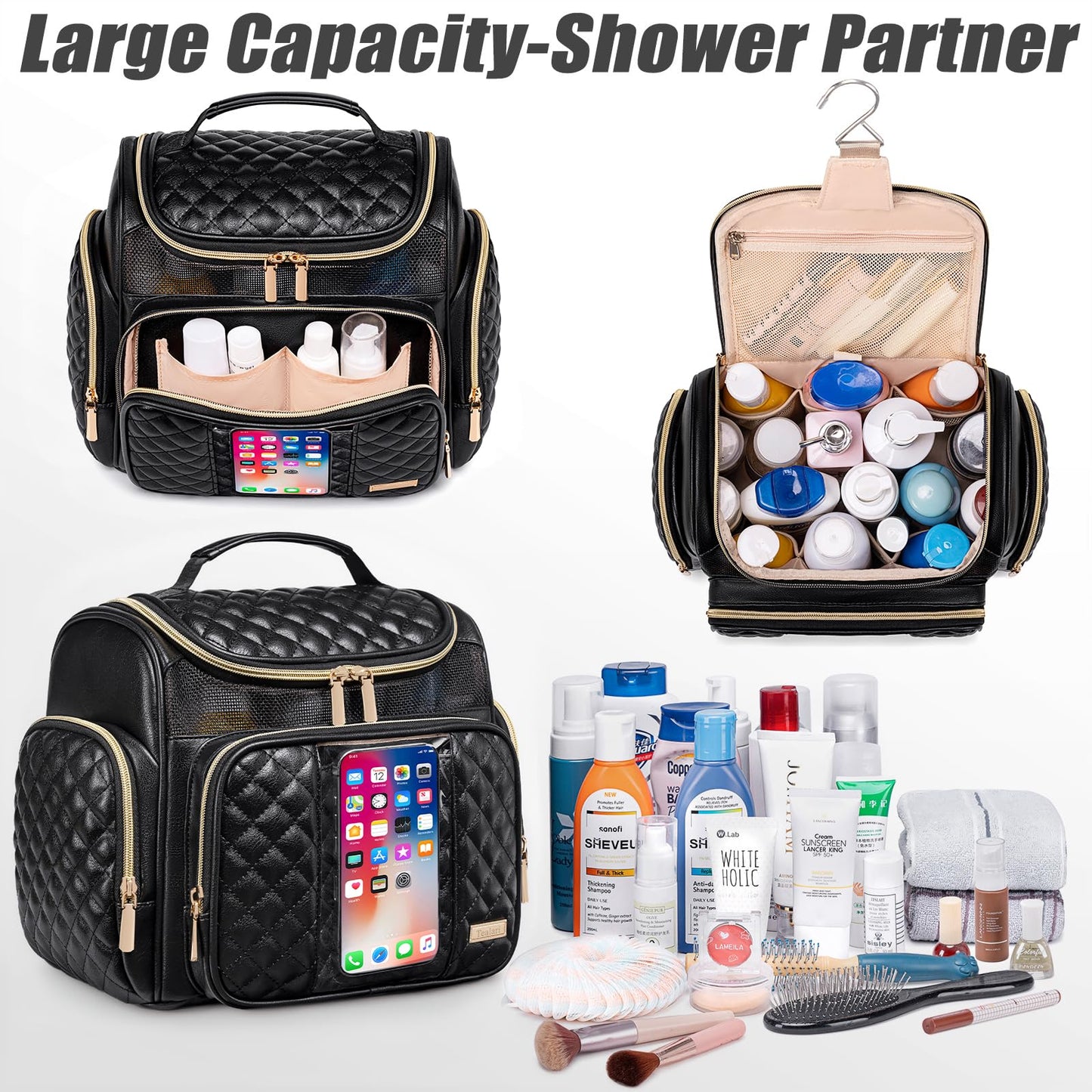 Large Leather Toiletry Bag for Women Men,Bathroom Bag,Water Resistant Shower Bag,Makeup Bag,Portable Shower Caddy for College Dorm,Hanging Travel Toiletry Bag with Transparent Waterproof Phone Pocket