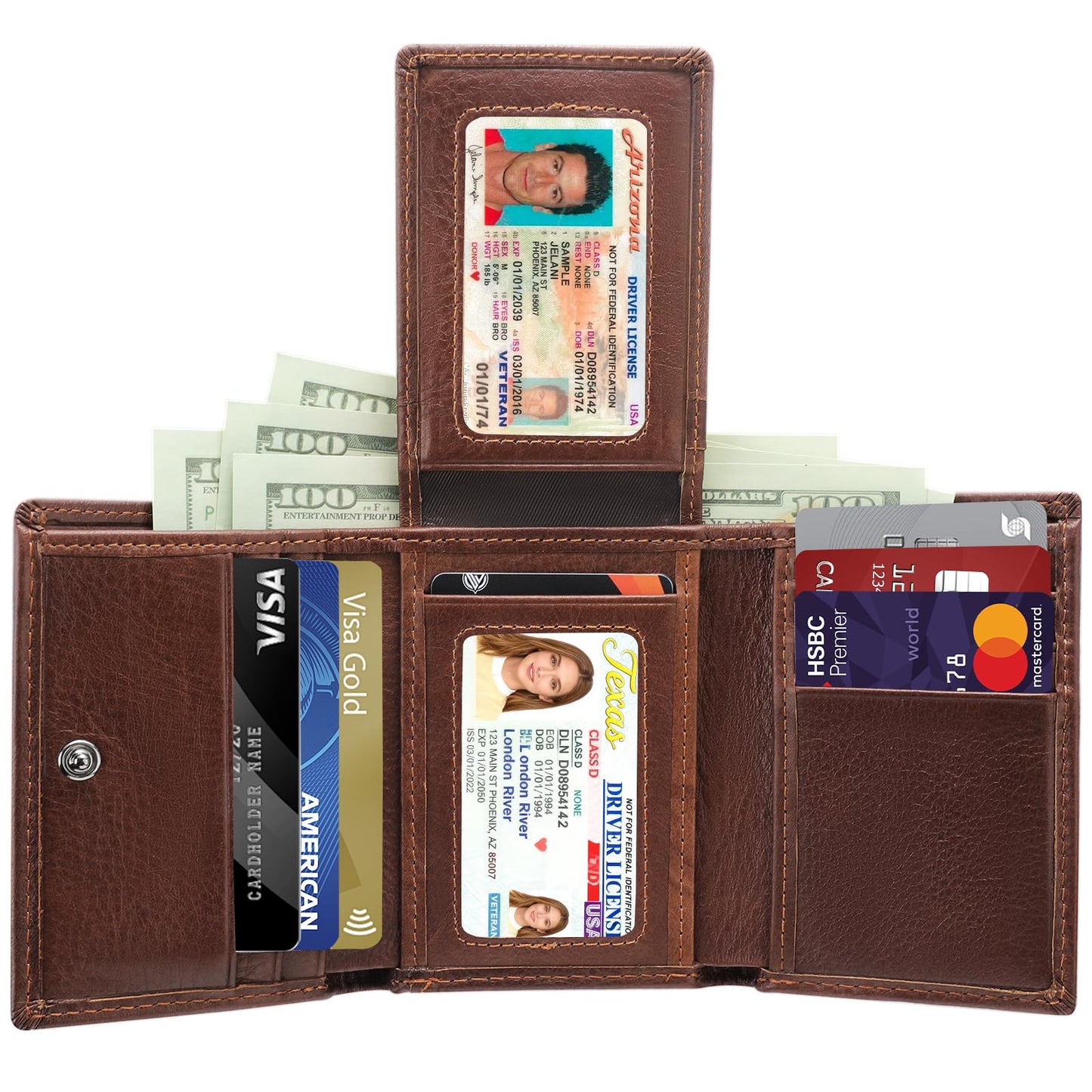 Woltic W Trifold Top Grain Slim Leather Wallet for Men Front Pocket Wallet with RFID Blocking,2 Cash Holders 2 ID Windows, 8 Credit Card Slots, Classic Style Gift For Men (Coffee Brown)