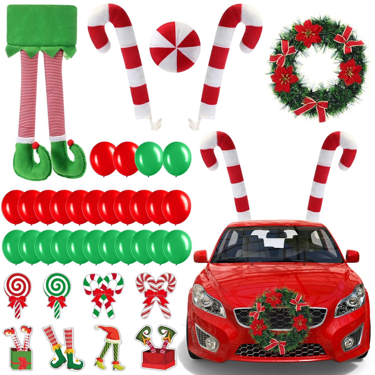 Soulchen 73 Pcs Christmas Car Decoration Kit Candy Cane Santa Claus Nose Hanging Elf Legs Xmas Wreath PVC Decoration Red Green Balloons Christmas Candy Car Accessories for Truck Vehicle Decorations