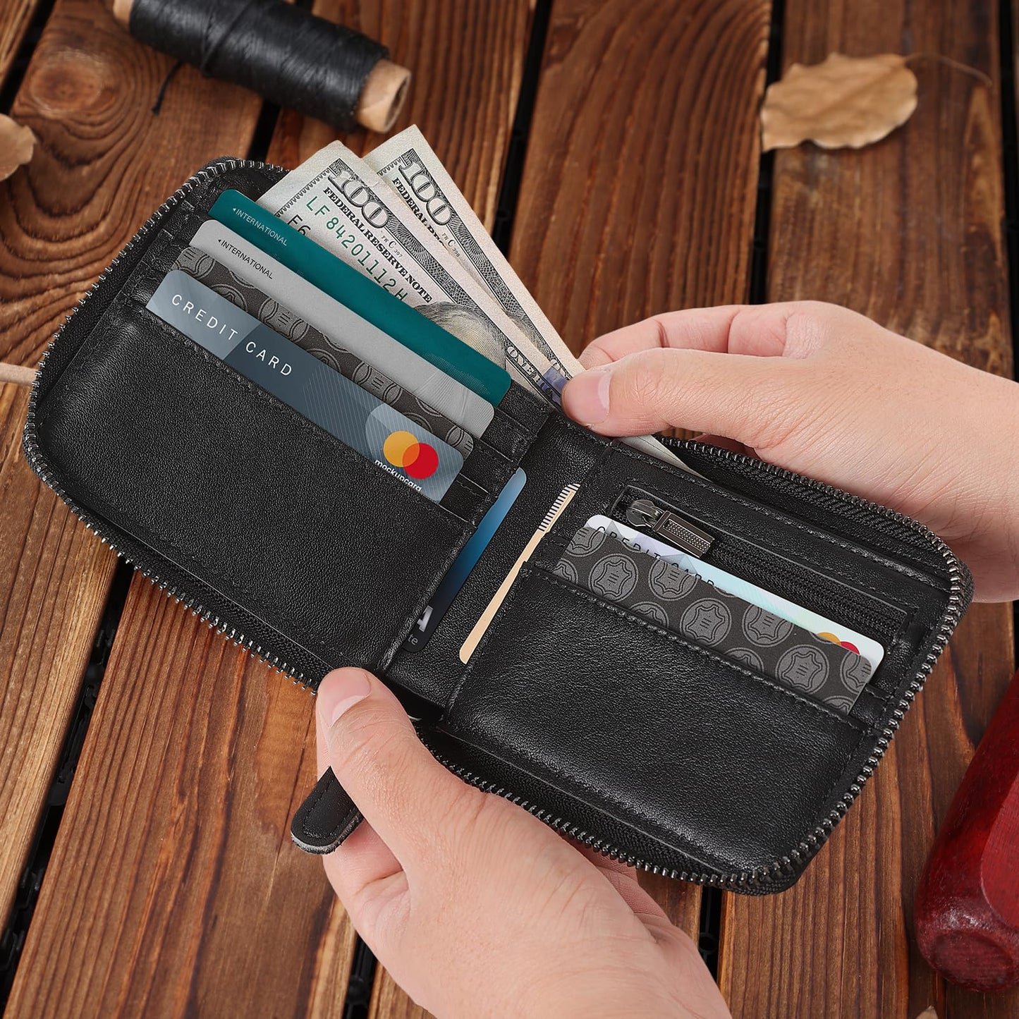 Polare Napa Leather Wallet for Men Bifold RFID Blocking Cash Credit Card Case with Air Tag Slot and YKK Zip Coin Pocket (Black with AirTag Slot)