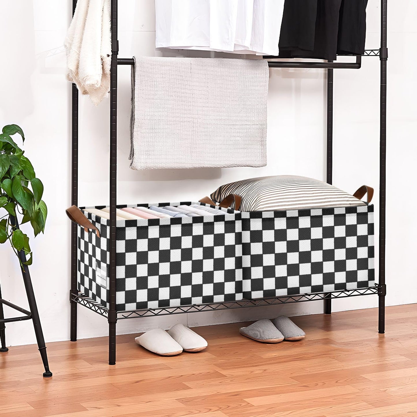 YNNALE Black and White Checkered PlaidStorage Bins for Shelves with Labels&Handles Fabric Organizer Bin Foldable Rectangle Storage Basket Boxes for Closet, Bathroom, Home, Living Room