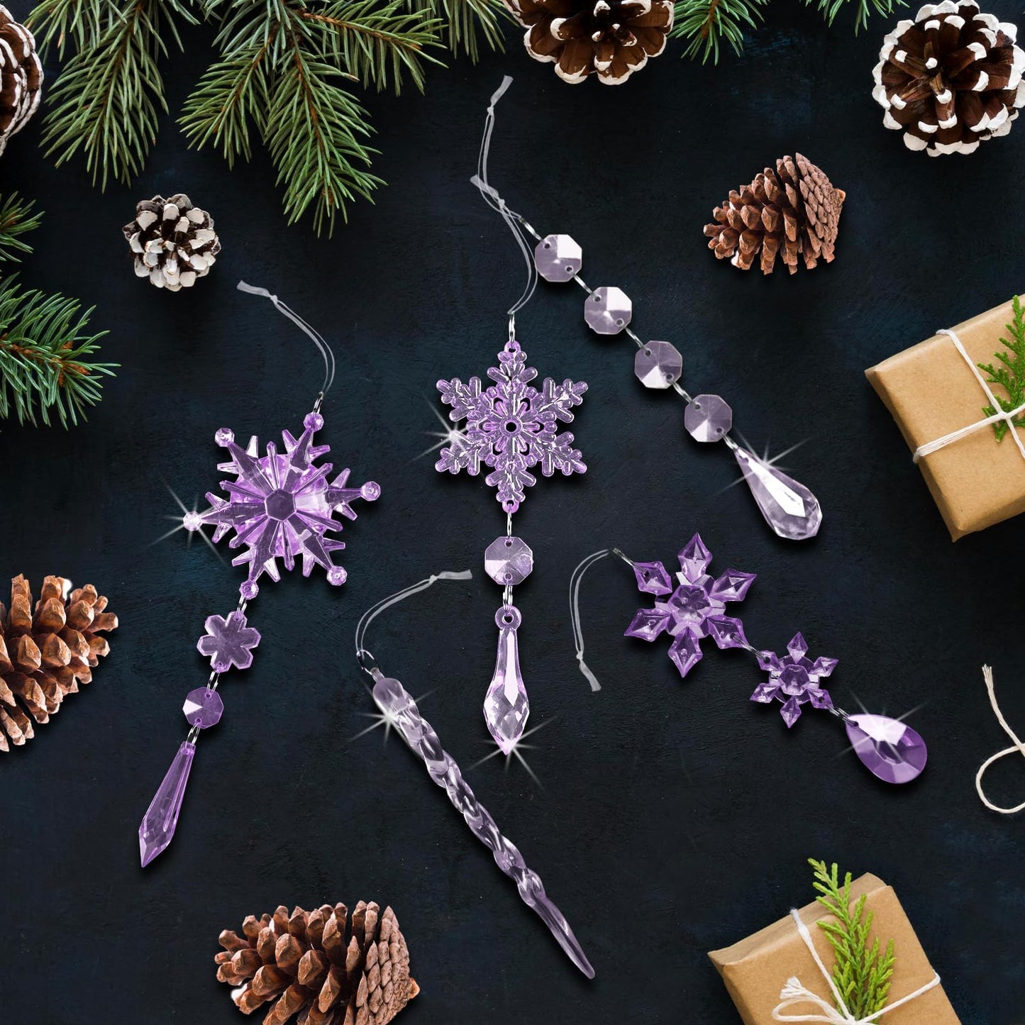 18pcs Crystal Christmas Ornaments for Christmas Tree Decorations-Dark Purple and Light Purple Hanging Acrylic Snowflake and Icicle Ornaments with Drop Pendants for New Year Party Decorations Supplies
