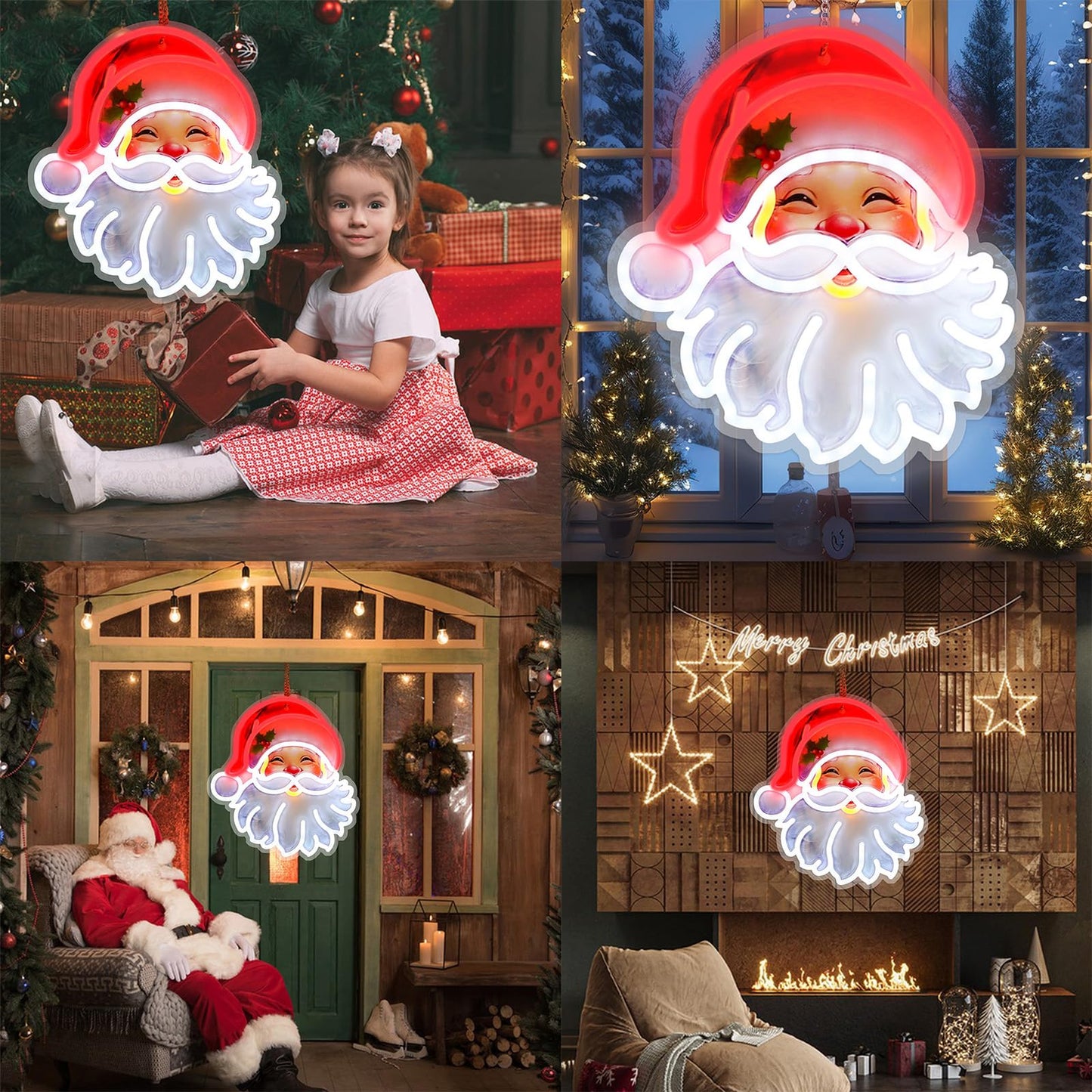 Christmas Window Decorations Lights, LED Santa Claus Acrylic Neon Signs, Cute Room Decor Powered 5V Art Decorative Night Lights Indoor for Christmas Tree, Home, Bedroom, Office,Dorm,Party