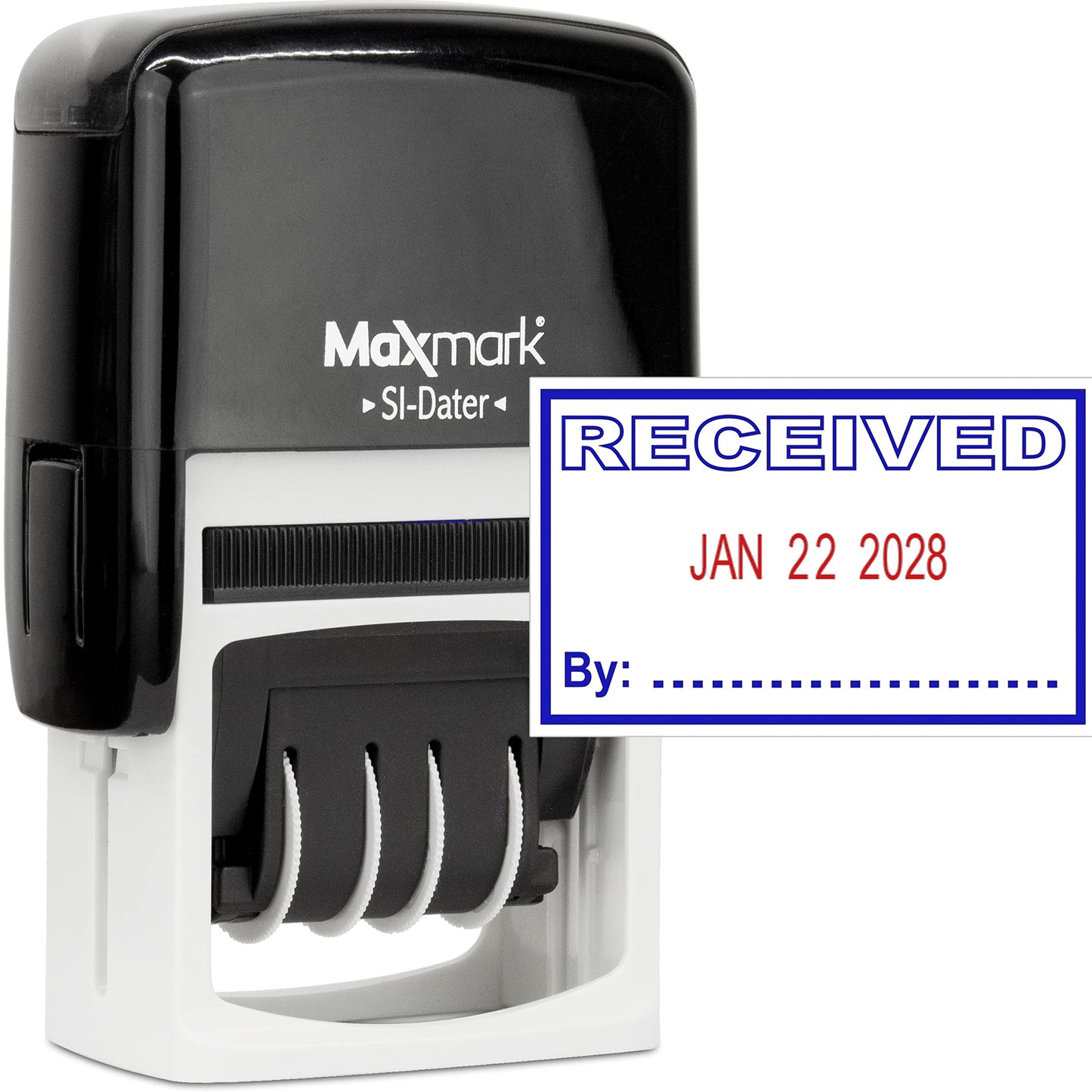 MaxMark Office Self Inking Date Stamp with Phrase Received - 2 Color Blue/Red Ink
