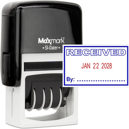 MaxMark Office Self Inking Date Stamp with Phrase Received - 2 Color Blue/Red Ink