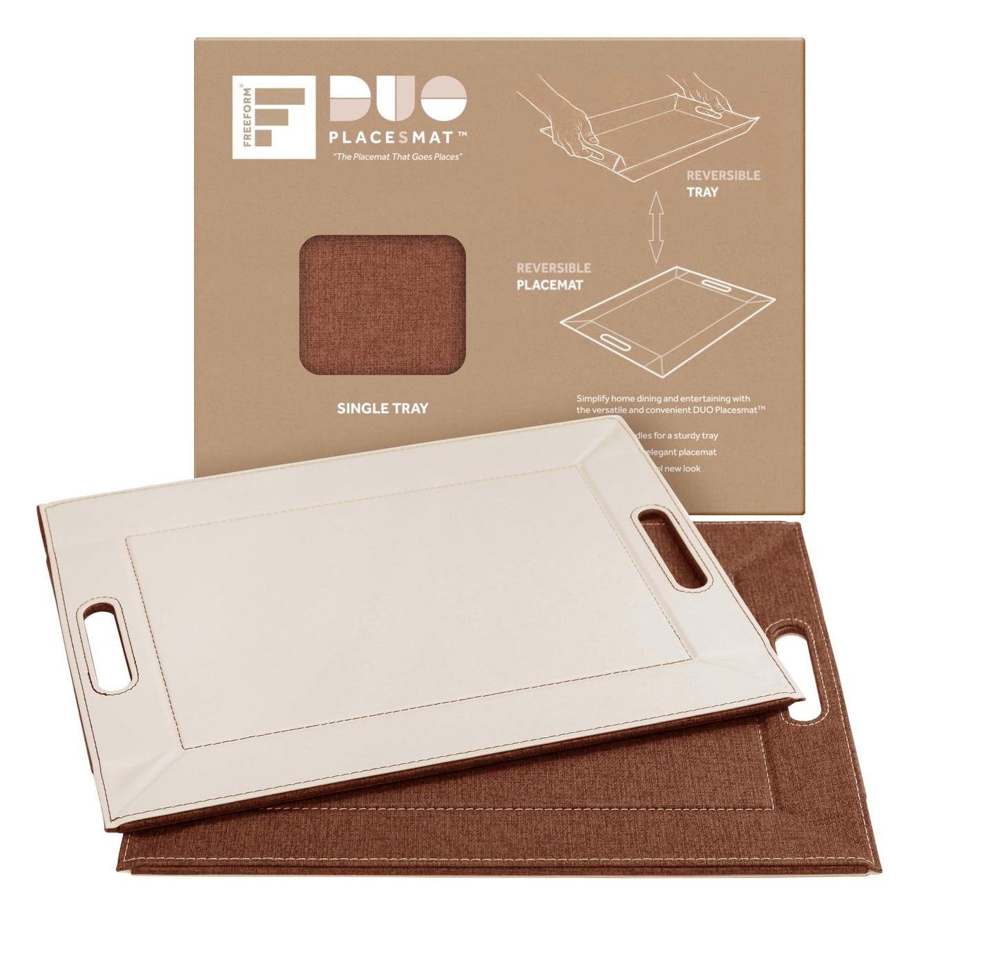 FREEFORM PLACEsMAT 2-in-1 Faux Leather Placemat & Serving Tray | Reversible Design, Lays Flat & Easy to Clean | Ottoman Food Tray, Perfect Housewarming Gift, 18” x 14” (Fabric Tan & Cream, Single)