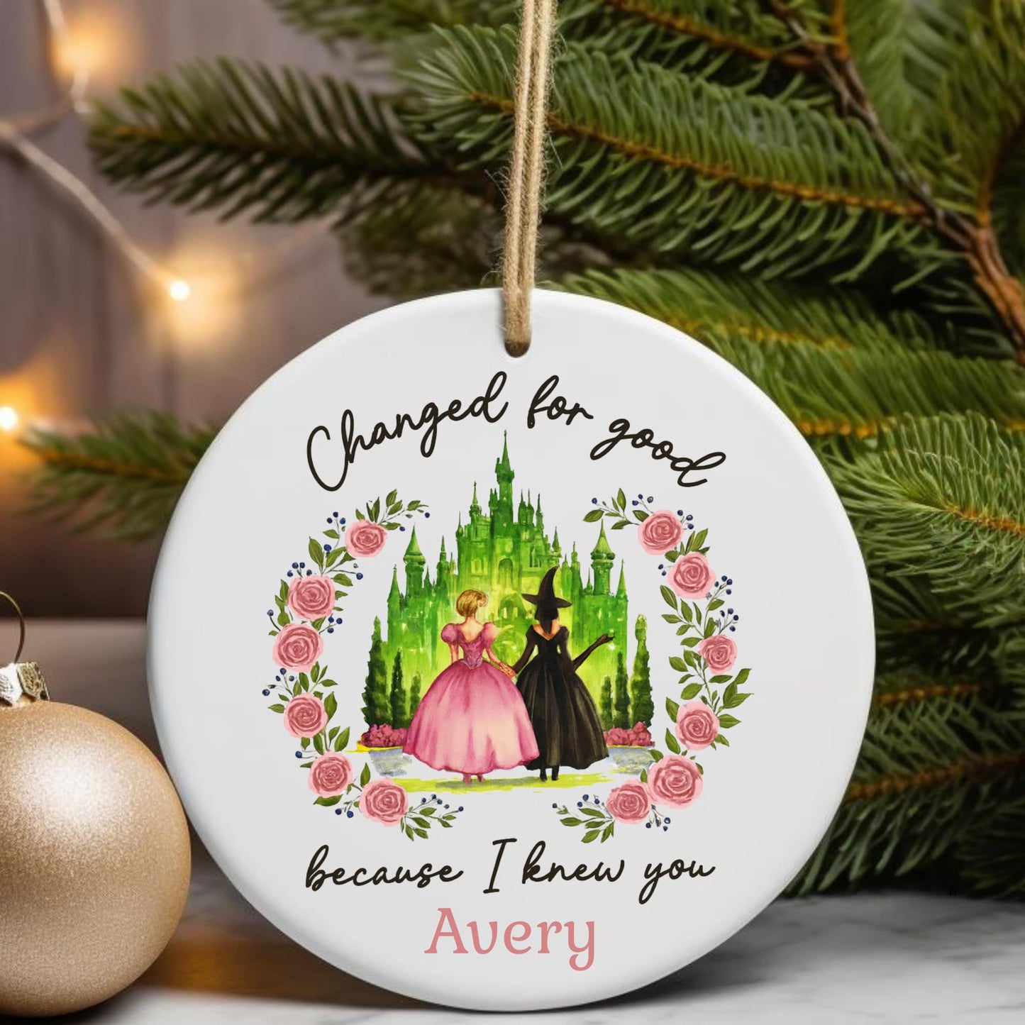 Wicked Christmas Glass Ornament, Elphaba Glinda Ornament, Change for Good, Friendship Broadway Wicked Musical (Ceramic 2 Side, 1)