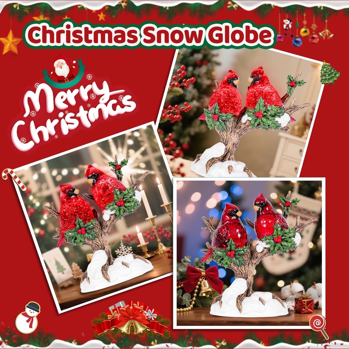 9.8 inch Christmas Snow Globes Cardinal with Music 6H Timer USB and Battery Powered Lighted Glitter Water Lantern Cardinal Snow Globe for Christmas Festival Decoration Gifts