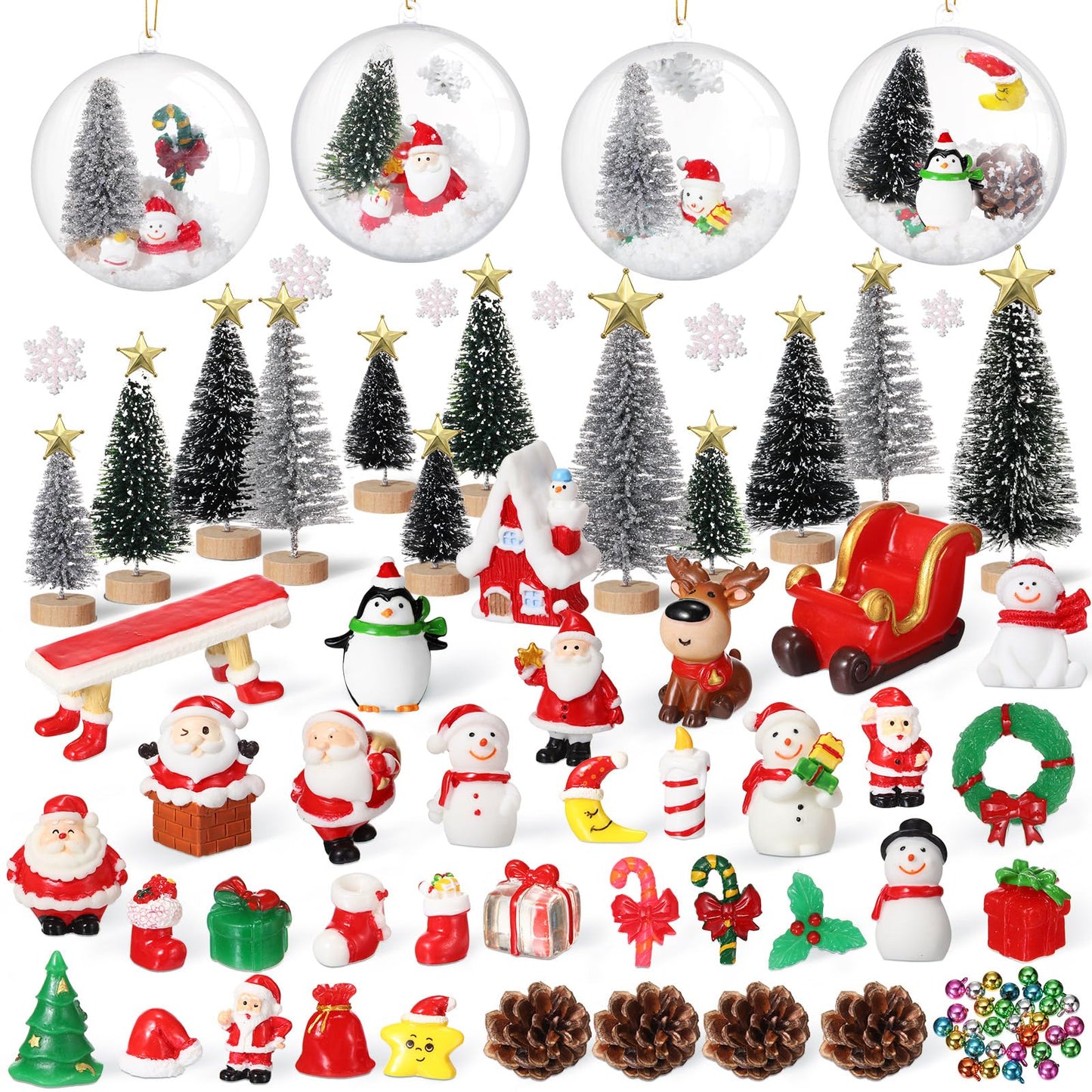 Roowest 96 Pcs Miniature Ornaments for Snow Globe Kit DIY Christmas Village Decoration Christmas Figurines Mini Ornaments with Snowman Reindeer Santa Claus Snowflake(Green Sliver Black)