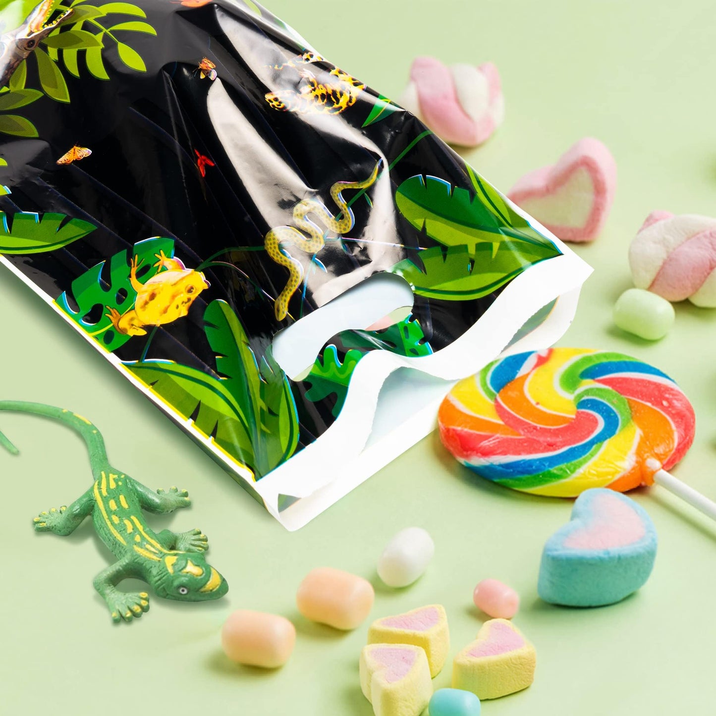 BkeeCten Goodie Party Favor Bags - 50 Pack Reptile Swamp Party Favor Bags Lizard Snake Goody Candy Treat Christmas Winter Xmas New Year Gifts Wrapping Plastic Wildlife Jungle Animal Gift Wrap Kids