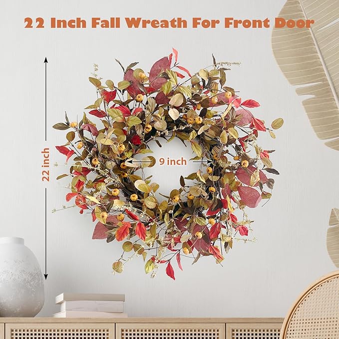 22 Inch Fall Wreath for Front Door Berry Autumn Wreath with Green and Purple Leaves, Large Grapevine Wreaths for Fall Door Decor Farmhouse Wall Window Home Decoration