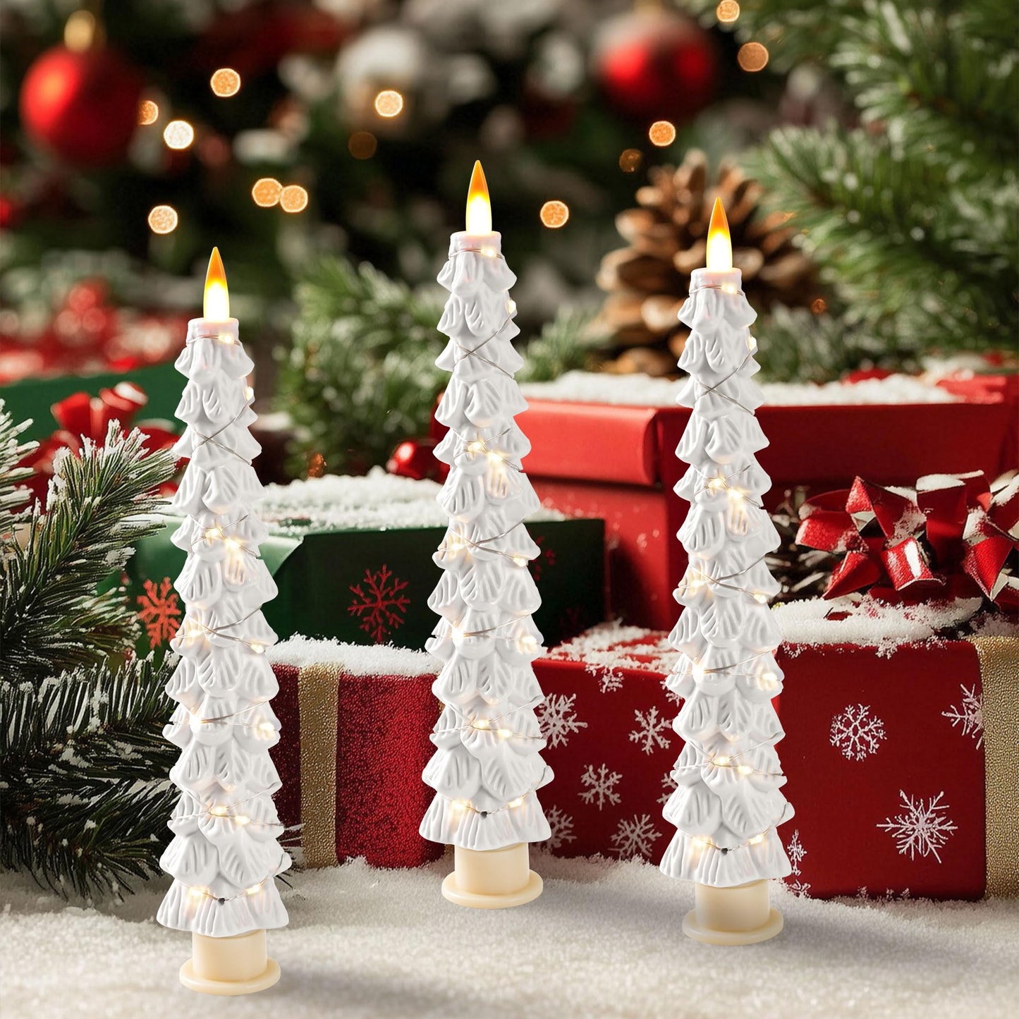 2 Pack White Christmas Tree LED Taper Candles, Flameless Flickering Candles with Copper String Lights, Upgraded Realistic Flame Effect, Battery Operated with Remote for Christmas Home Decoration