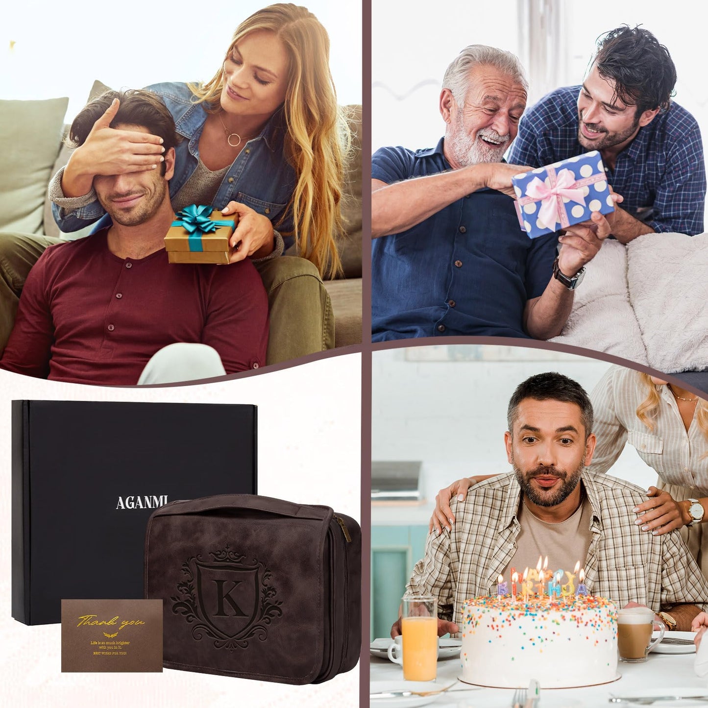 Aganmi Personalized Hanging Toiletry Bag Travel Gifts for Men Him, 3-in-1 Large Laser-Engraved Initial Waterproof PU Leather Shaving Bag Valentines Birthday Gift for Men Dad Husband Dark Brown M
