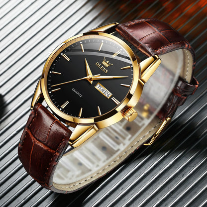 QBAIZI Mens Gold Watches Brown Leather Band Analog Dress Wristwatch for Men Black Face Luxury Male Watch with Day Date Easy to Read Vintage Men's Wrist Watches Waterproof Luminous Reloj para Hombre