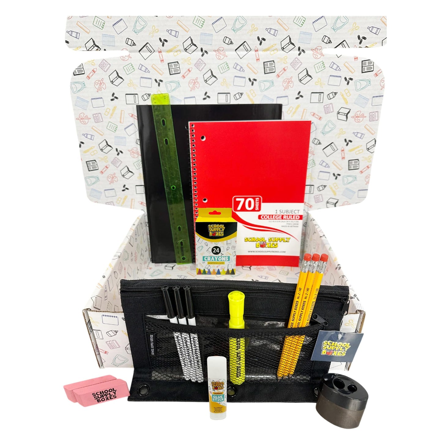 School Supply Boxes | Budget Saver Bundle (1 Box) | Back to School Essentials Kit for Students & Teachers | Includes Spiral Notebook, Crayons, Pens, Pencils, Glue & More