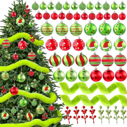 57pcs Christmas Balls with Green Fur Plastic Christmas Baubles for Tree Decoration Red Green Glittering Hanging Xmas Balls with Swirl Candy Cane for Home Holiday Party Indoor Decor