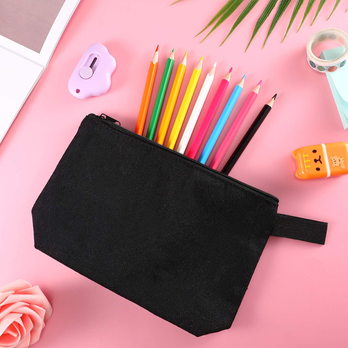 Weewooday 12 Pieces Blank Canvas Makeup Bags with Bottom Handle Bulk Sublimation Blank Zipper Makeup Pouch Canvas Cosmetic Bags for Women Student DIY Craft Travel Toiletry Pencil(Black)