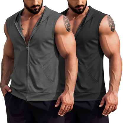 COOFANDY Men 2 Pack Fitness Tank Top Cotton Cutoff T Shirt Zip Gym Hoodies Workout Hooded Tank Athletic Black and Dark Grey L