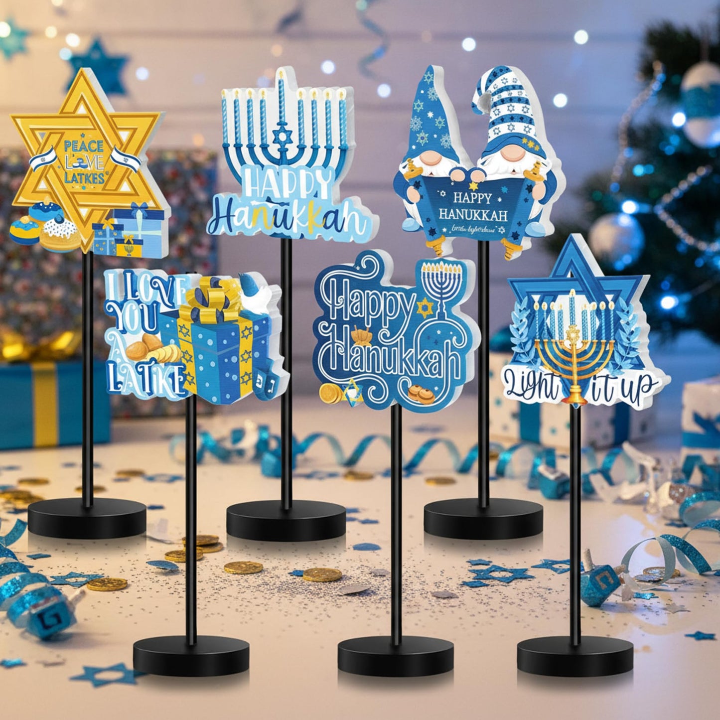 Shellwei 6 Pcs Hanukkah Table Decorations Decor Happy Hanukkah Wood Table Sign Chanukkah Party Decor for Home Indoor Centerpiece Menorah Dreidel Star of David (Fresh Style)