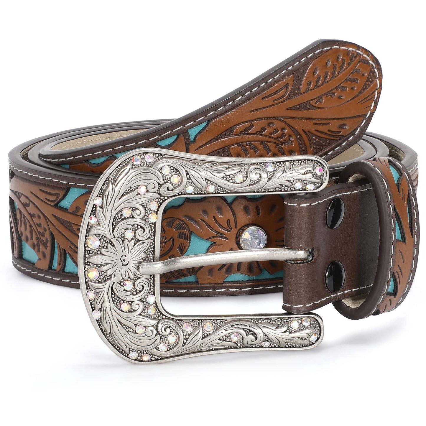 XZQTIVE Women Men Genuine Leather Belt Vintage Ladies Western Belt Engraved Tooled Leather Belt Cowboy Cowgirl Country Belt