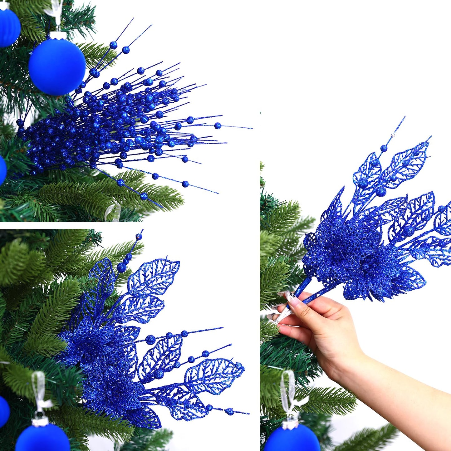 24 Pack Christmas Tree Ornaments - Artificial Flowers Glitter Berry Stems Christmas Floral Picks Branches for Xmas Tree Decorations Vase Filler Holiday Wedding Party Home Decor (Blue)
