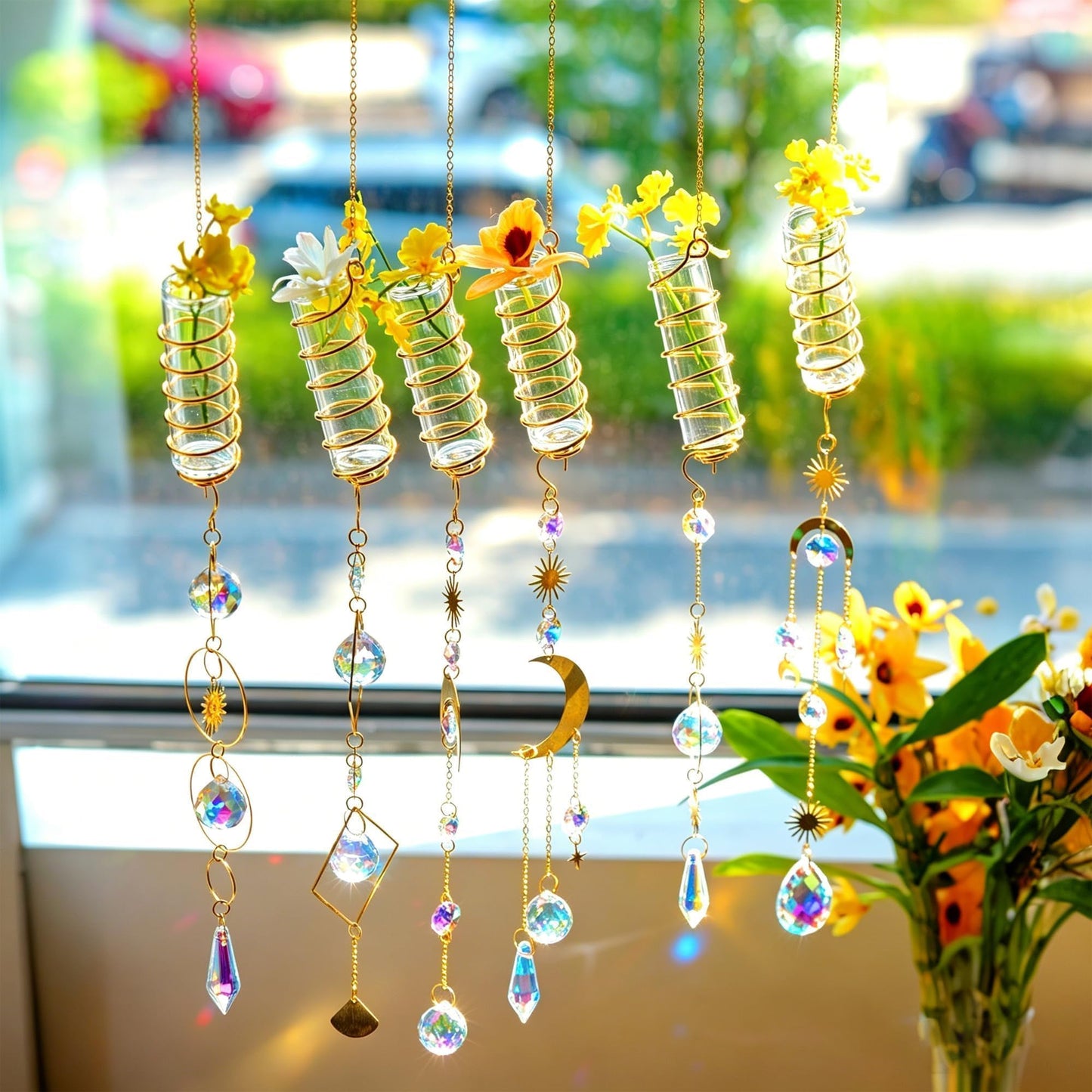 HDCRYSTALGIFTS 6Pcs Crystal Suncatchers with Propagation Stations,Glass Wall Planters for Indoor Plants Hydroponics - Propagation Tubes Jars with Sun Catchers Metal Chain for Home Whimsical Decor